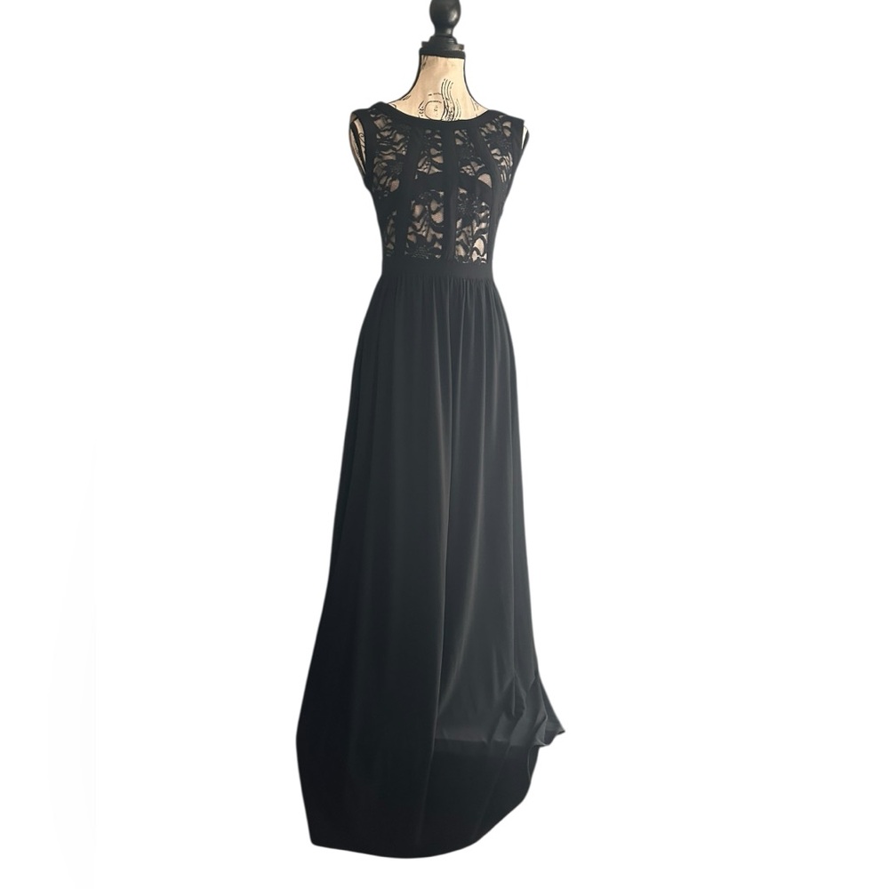 Black Lace Illusion Bodice Maxi Dress Romantic Formal Size 1/2 XXS Morgan & Co.